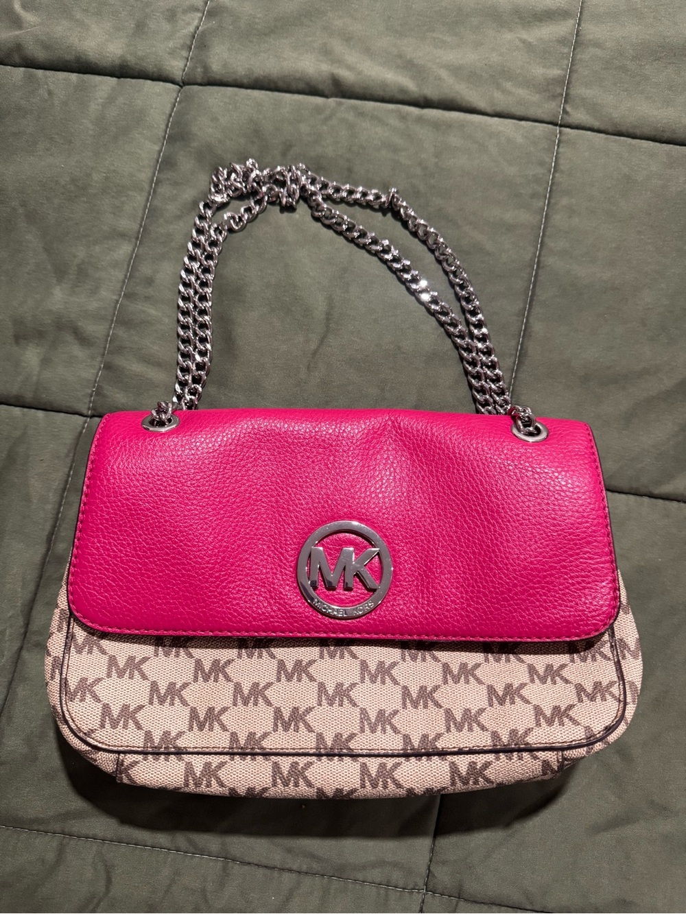 Michael Kors Hot Pink and Beige MK Signature Chain Shoulder Bag